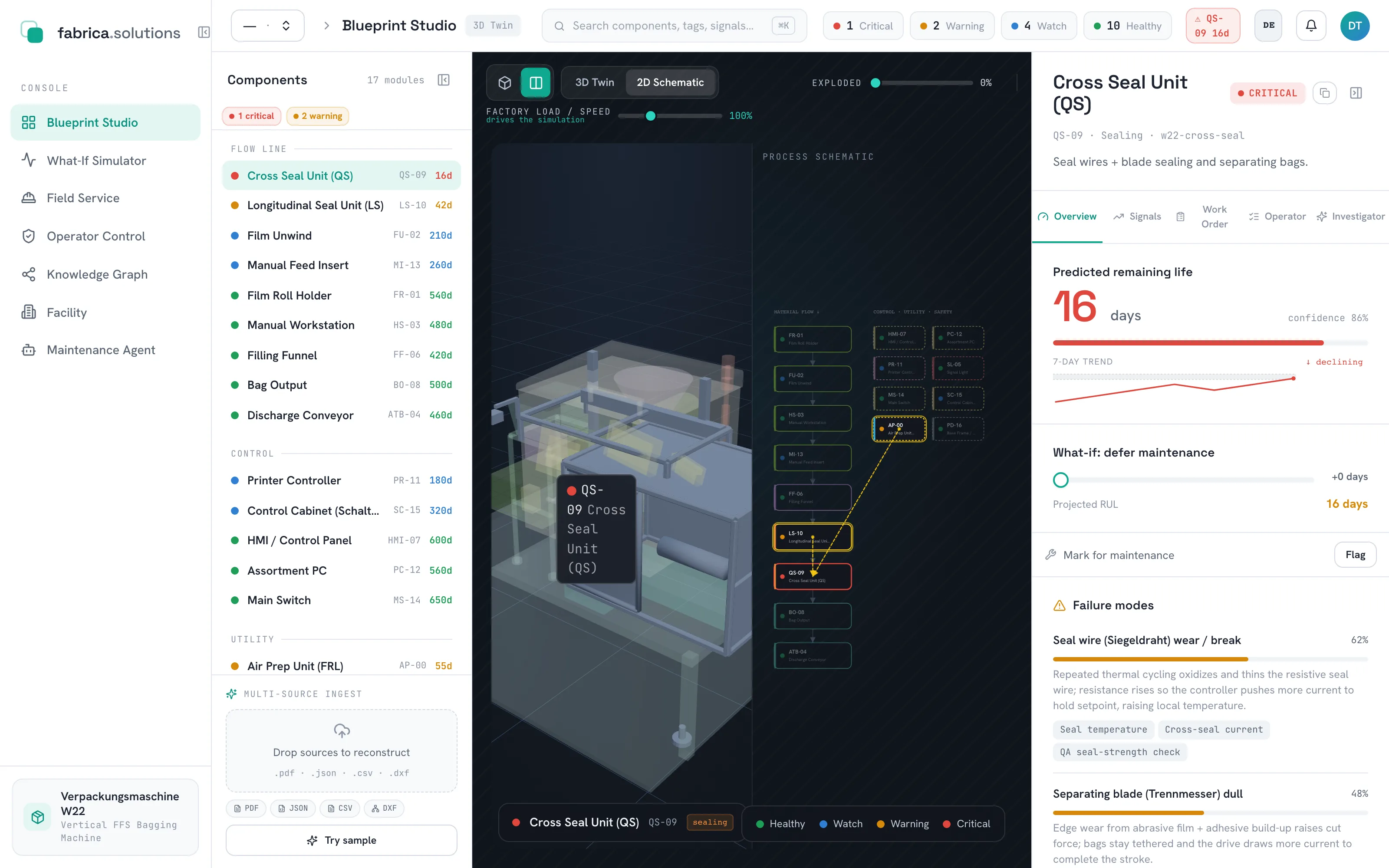 fabrica Blueprint Studio — interactive 3D twin of an industrial packaging machine with live component health